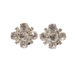 0004 Elegant Silver Clear Crystal Rhinestone Flower Baguette Clip Earrings